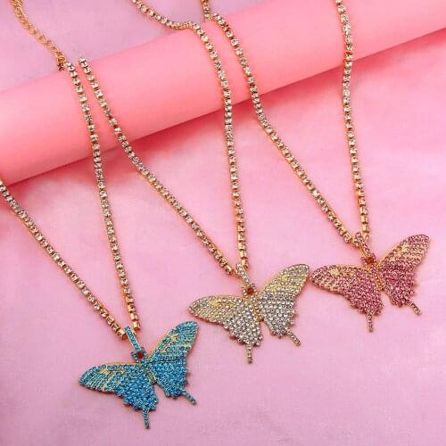 JUST FEEL Iced Out Crystal Big Butterfly Pendant Necklace for Women Bling Rhinestone Tennis Chain Necklace Punk Hip hop Jewelry