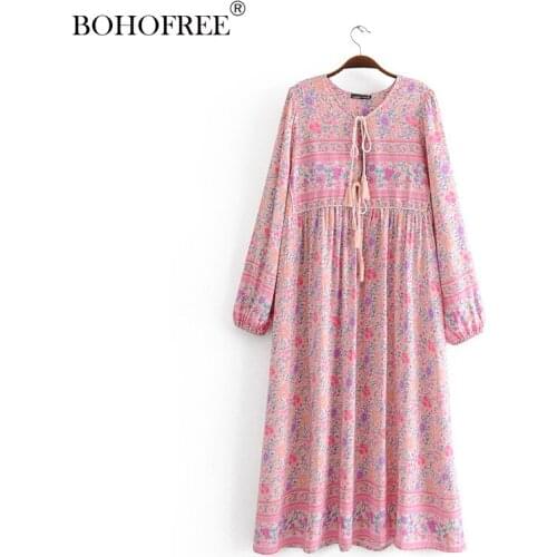 2020 New Bohemian Vestidos Female Long Sleeve Pink Floral Print Cotton rayon Dresses Casual Holiday Beachwear Hippie Maxi Dress