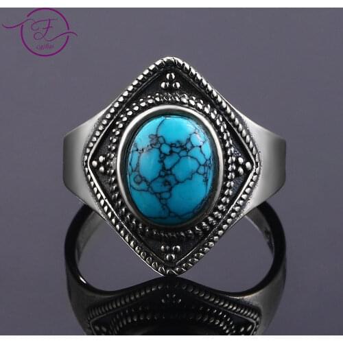 Vintage 8x10MM Natural Oval Turquoise Rings 925 Silver Fine Jewelry for Women Anniversary Party Birthday Gift
