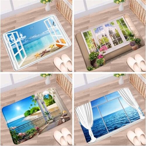 3D Ocean Landscape Bathroom Mat Green Flower Plant Palm Tree Sandy Beach Sea Scenery Non-slip Rugs Bath Kitchen Doorway Carpets