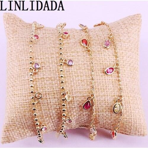 6Pcs Gold fashion jewelry round/ oval /tear drop/ Colorful Cz Zirconia dangle charm chain women Bracelets