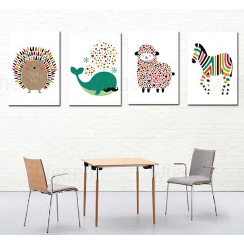 Abstract Color Canvas Painting Cartoon Animals Whale Hedgehog Sheep Zebra Modern Hanging Painting Kids Room Nursery Decor Wall