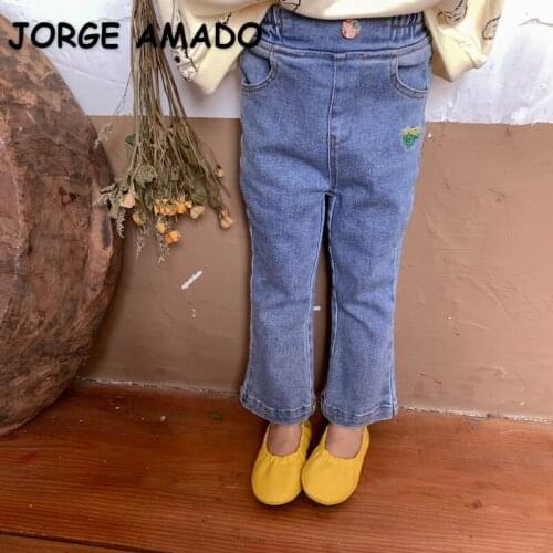 2021 Korean Style New Autumn Kids Girls Jeans Blue Denim Elastic Waist Embroidery Boot Cut Pants Children Trousers E1231