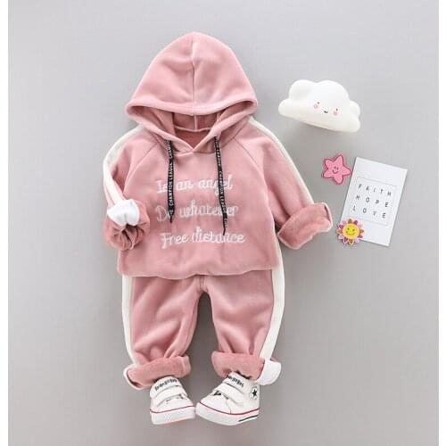 Baby Girl Boy Autumn Spring Winter Warm Clothing Set Toddler Kids Suit Letter Hooded Velvet Coat Pants Children Outfit 1-5Years