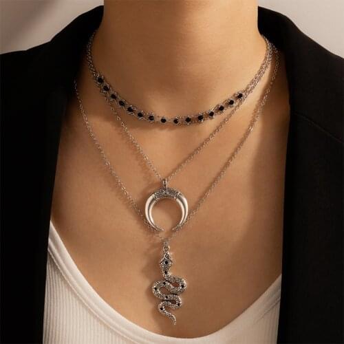 Docona Trendy Silver Color Snake Pendant Necklace Retro Crescent Black Beads Multilayer Choker Necklace for Women Jewelry 16939