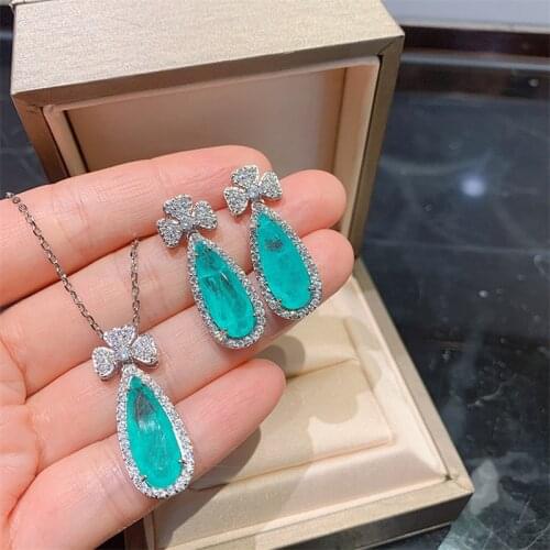 QTT Elegant Bridal Jewelry Sets 925 Sterling Silver Pendant Necklace Earrings Paraiba Tourmaline Gemstone Jewelry For Ladies