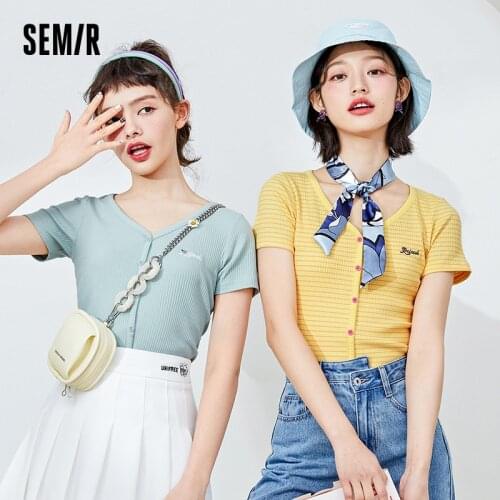 SEMIR T-Shirts Women V Neck Short Candy And Spicy Tight Tops Short Sleeve 2021 New Design Sense Niche Trend Tee Tops