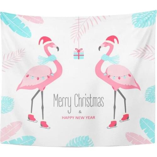 Tapestry Pink Holiday Christmas Flamingo Watercolor Happy Animal Bird Celebration Tapestries Wall Hanging for Living Room