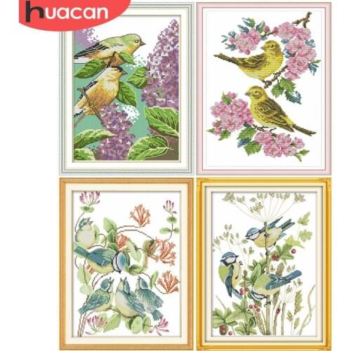 HUACAN Embroidery Animal 11CT Cross Stitch Sets Bird And Flower White Canvas Needlework Handicrafts Cross Stitch Cat 14CT