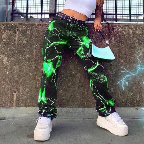 Autumn Winter Women Cargo Pants High Street Lightning Print Female Loose Straight Thin Wide Leg Trousers High Waist Baggy Pants