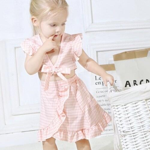 Summer Girls Suit 2Pcs Bow Reveal Navel Flying Sleeve Top Irregular Short Skirt Baby Girl Uniform Princess Party Clothes Outfits