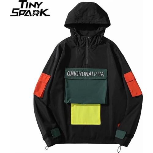 Men Hip Hop Streetwear Jacket Coat Color Block Retro Windbreaker Jacket Harajuku 2020 Hooded Track Jacket Zipper Outwear Pocket