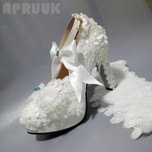 Super high 11cm BLOCK square heels lace pumps shoes women satin bow butterfly-knot bridal plus size wedding shoes womens