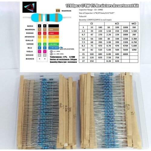1280pcs Resistor Kit 1/4W 1% 1 Ohm - 10M Ohm 64values X 20pcs Resistencias Resistor Pack Metal Film Resistors Set Box