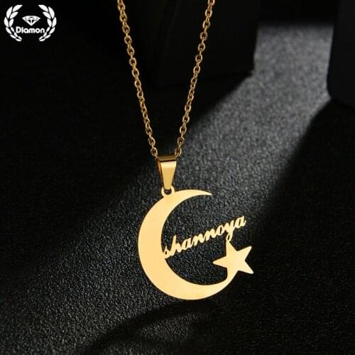 Diamon New Fashion Personalized Stainless Steel Necklace For Women Moon And Star Custom Name Letter Gold Pendant Jewelry Gift