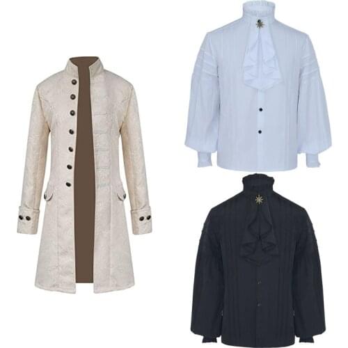 Mens Medieval Steampunk Stand Collar Coat Retro Tops Shirts Jackets Renaissance Gothic Print Outerwear Prince Stage Cosplay Cost