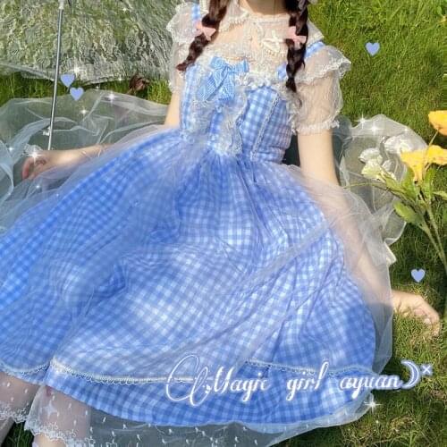 Japanese Lolita Dress Kawaii Plaid Lace Edge Lolita Maid Soft Girl Jsk Suspender Dress Vintage Kawaii Dress Sweet Gothic loli