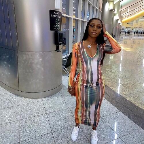 BKLD Women Long Sleeve Bodycon V Neck Sexy Dresses Party Night Club 2020 Autumn New Fashion Printing Elegant Ankle-Length Dress