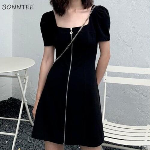 Dresses Women French Style Zippers Solid Square Collar Romantic Sexy Femme Mini Evening Club Vestidos Harajuku All-match Chic