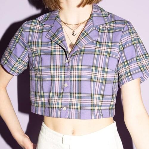 Plaid Shirt Women Crop Top Streetwear Short Sleeve Summer Womens Tops 2020 Fashion Cropped Check Shirts Haut Femme Camisas Mujer