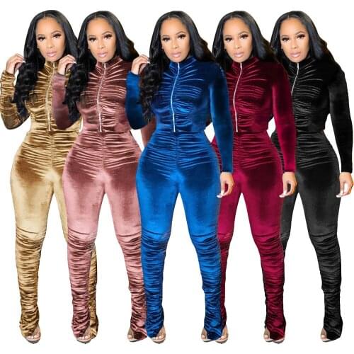 Autumn Winter Streetwear Tracksuit Two Piece Set Fitness Outfit Velvet Stacked Sweatsuit Womens Set Zipper Jacket Pants Suit
