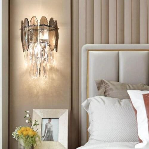 Vintage smoke crystal wall lamp bedroom wall fixture living room background wall lights mirror light luxury Nordic crystal lamps