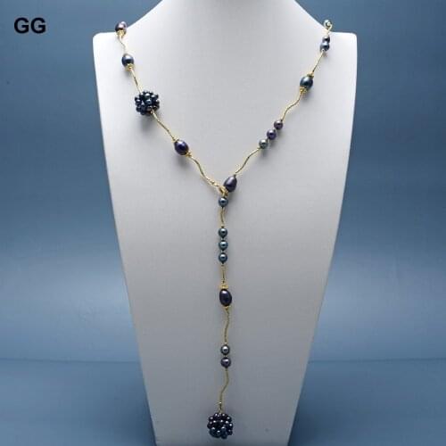 GuaiGuai Jewelry Natural Freshwater Black Keshi Pearl Black Pearl Ball Y-Drop Long Chain Necklace 27" Handmade For Women