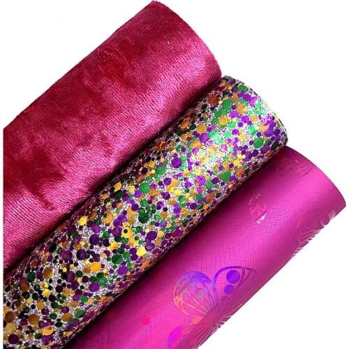 Green Purple Orange Mixed Smooth Glitter Leather Fabric Butterflies Synthetic Leather Rose Velvet For BOWS DIY 21X29CM G543