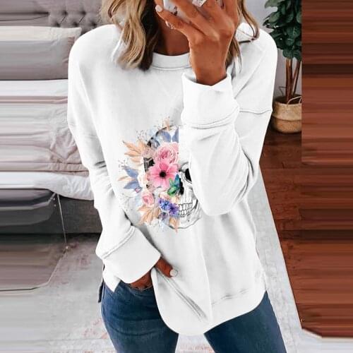 Woman Skull Floral Print Long Sleeve Oversized T Shirt Winter Tops Fashion T-shirts Women 2021 Vintage Clothes Blusa Feminina