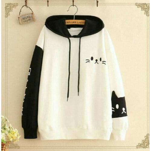 Womens Casual Lovely Cat Paw Pattern Hoodie Long Sleeve Kitty Cat Print Sweatshirt Hoodie Tops Female Tops Streetwear