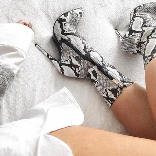 Snake Skin Stiletto Boots Women In Shoes Pointed Toe Zip Up Serpentine Booty Short Sexy Big Size Female+Shoes Ankle Height
