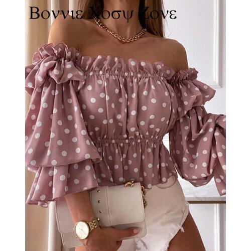 Polka Dot Print Off Shoulder Layered Shirred Top 2021 Elegant Femme Puff Sleeve Corset Blouse Lady Outfits y2k Tunics