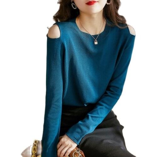 O-Neck Woman Autumn 2021 Off Shoulder Pullovers Elegant All-Match Sexy Knit Tshirt Female Long Sleeve Ruched Winter Elastic Tops