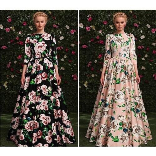 Summer Autumn New Fashion Women Plus Size High Street Runway Fall 3/4 Sleeve Stunning Printed Long Dress Printing Maxi Dresses