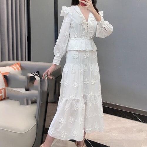 New elegant woman embroidery hollow out dress white puff sleeve evening party dresses Sleeve French luxury brand bohemian dress
