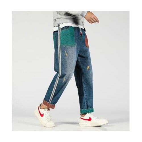 2021 Mens Baggy Homme Classic Style Jeans Mens Blue Stitching Color Casual Pants Tide Male Loose Trousers Big Size S-5XL