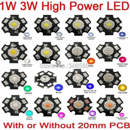 25pcs 1W 3W High Power LED Full Spectrum White Warm white Green Blue Deep Red Royal Blue Orange Pink With 20mm Black Star PCB