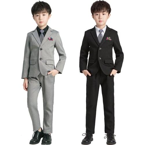 5PCs Kids Baby Boys Suit Black Gray Formal Tuxedo Wedding Party Fashion Gentleman Clothing Set