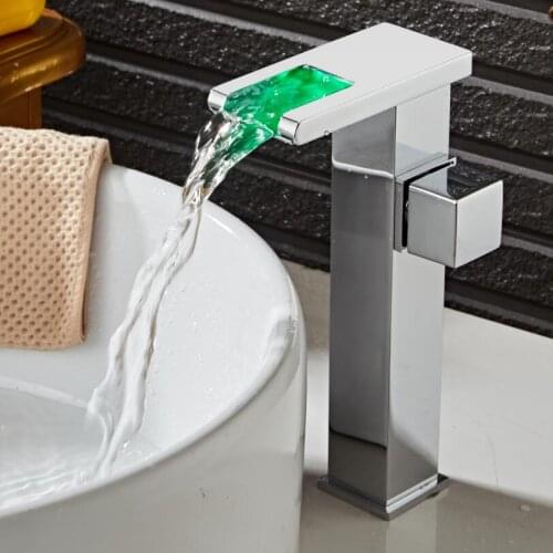 BAKALA Led Bathroom Faucet Brass Chromed Waterfall Bathroom Basin Faucets 3 Color Change Tap Water Power Basin Led Mixer Faucet