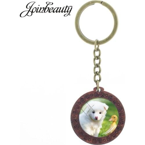 JOINBEAUTY Puppy Art Picture Wooden Pendant key chain Corgi Glass Cabochon Dome Keychain Charms Car key Jewelry Key Holder N958