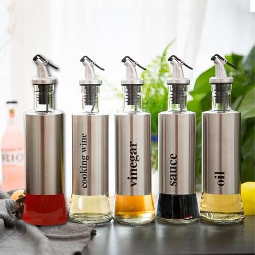 Stainless Steel Oil Bottle Glass Leak-proof Kitchen Soy Sauce Vinegar Cruet Storage Dispenser Kitchen Tools Olive Oil Dispenser