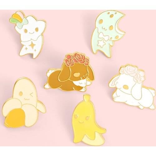 Creative Cartoon Long-eared Rabbit Banana Metal Enamel Brooch Fashion Cute Rainbow Cloud Moon Badge Charm Lapel Backpack Jewelry