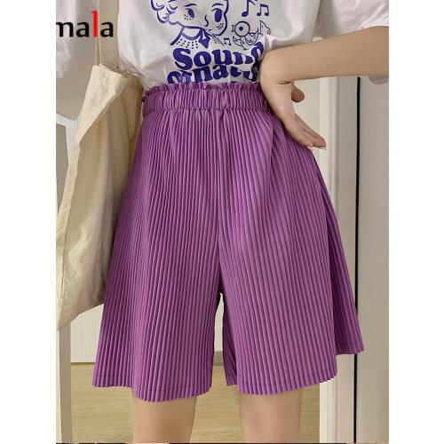 Harajuku summer new solid Shorts fashion elasticity pleated loose style purple short pants wide leg Sweatpants high waist shorts