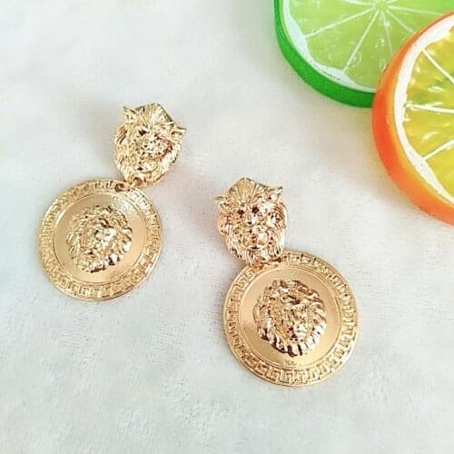 Fashion Unusual Gold Lion Drop Earrings for women Vintage Geometric Portrait Coin Dangle Earrings Female Jewelry gift