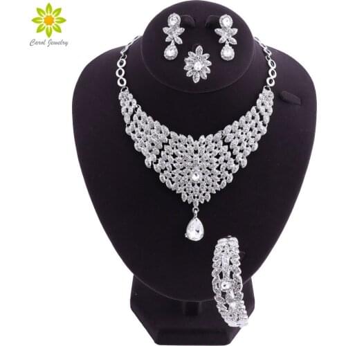 Fashion Woman Silver Color Dubai Jewelry Sets Nigerian Wedding African Beads Jewelry Set Crystal Necklace Jewellery