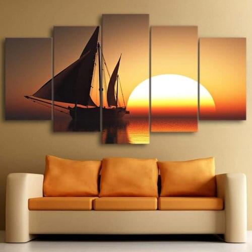 Sea Sunset Boat Sailing Sun Sky Orange Beauty Romantic Emotions Quiet Calm Yacht Nature Landscapes Picture Prints Wall Art Decor