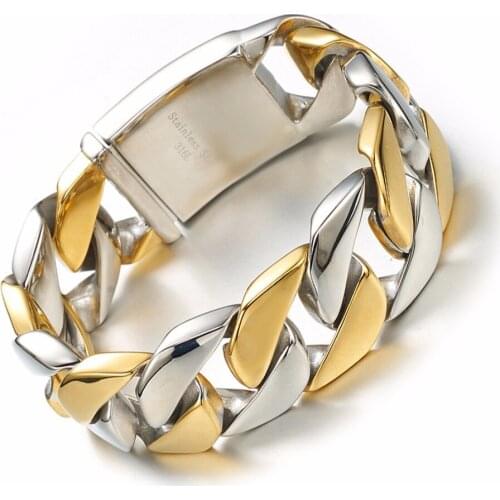 Fashion Heavy Men Curb Cuban Link Chain Bracelet For Men Boy Men Silver Color Gold Color 316L Stainless Steel Bracelet 26mm Wide