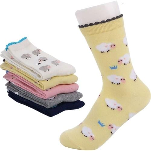 5 Pairs Women Socks Cotton In The Tube Sock Lace Cartoon Women Cute Sheep Cute Spring And Summer Models Personalized Cotton Sock