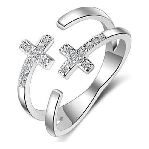 New Creative Beautiful Fashion Double Cross 925 Sterling Silver Jewelry Double-layer Wild Women Crystal Opening Rings SR653