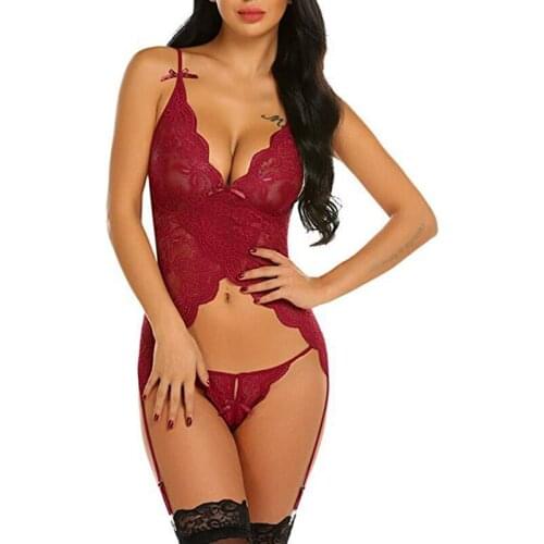 2020 New Arrival Solid Color Exotic Sleepwear 2019 Mesh Perspective Hollow Out Bodysuit Sexy Deep V Tops And Thongs